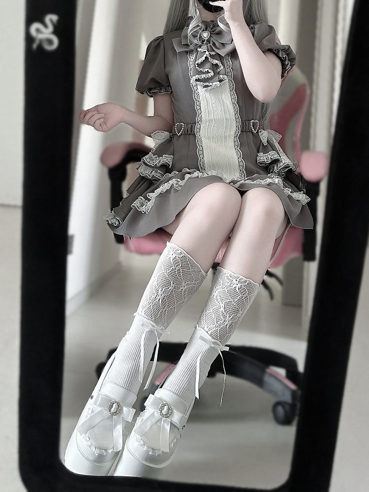 Dress Draped Sleeve Gothic Set: Kei Side Coord with Gray Jirai Puffy Train