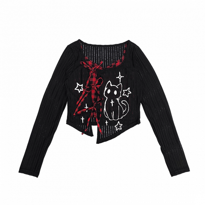 Y2K Coverup Set Kariertes Cami Top mit Kätzchen Print Schwarz Rot/Grau