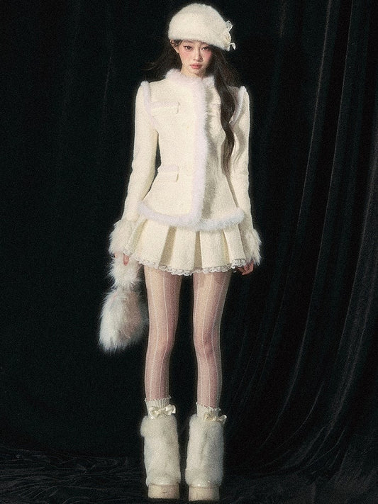 アプリコットジャカードウールボックスプリーツスカート レーストリム