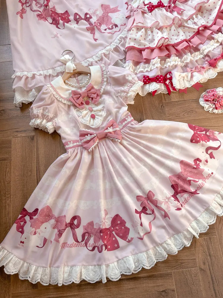 Kurze Schleifen Rosa Stück Ein Süßes Kleid und Ärmel Print Lolita Bunny