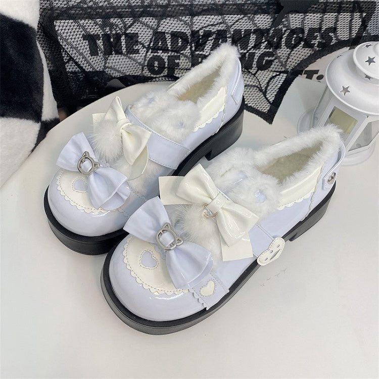 Bow Heart Sweet and Details Accents PU Heels Platform Blue White with Mid Lolita