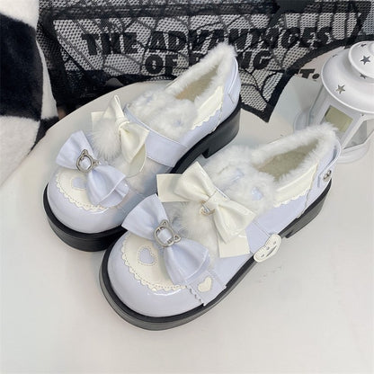 Bow Heart Sweet and Details Accents PU Heels Platform Blue White with Mid Lolita