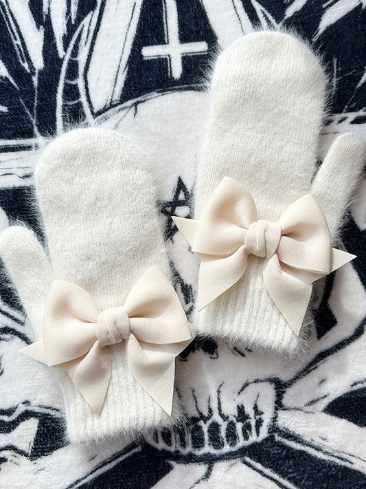 Gothic Details Full-finger Gloves Bowknot White