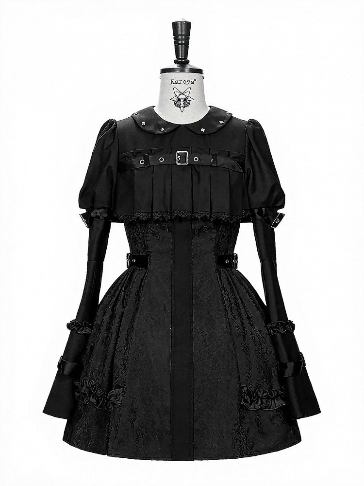 Black Gothic Lolita Bell Sleeve Dress with Lace and Metal Buckle Accents - Kuroya