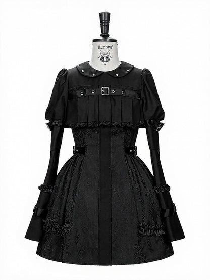 Black Gothic Lolita Bell Sleeve Dress with Lace and Metal Buckle Accents - Kuroya