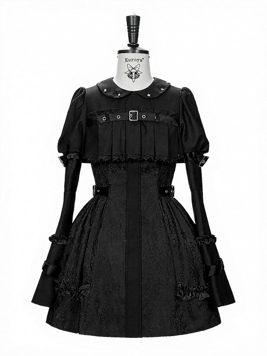 Black Gothic Lolita Bell Sleeve Dress with Lace and Metal Buckle Accents - Kuroya