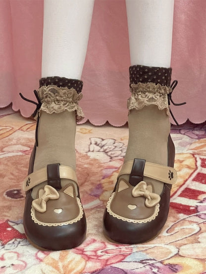 PU Kitty Sweet Closures - Flats Scalloped Hem Brown Velcro at Top Embroidery Cat Paw Strap