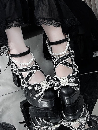 Black Platform Heels with Lace-Up Design - Sheep Puff