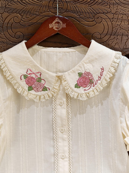 Pink Rosette Embroidery Collar Cream Short Sleeve Blouse - Dream Magic Box
