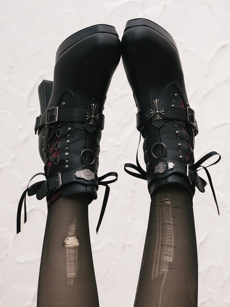 Gothic Lacing Crisscross Studded System PU Dual Black Fastening Boots Details - with High-heel Ankle