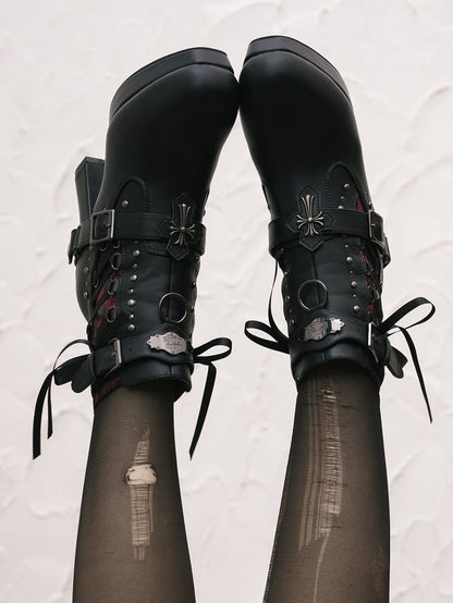 Gothic Lacing Crisscross Studded System PU Dual Black Fastening Boots Details - with High-heel Ankle