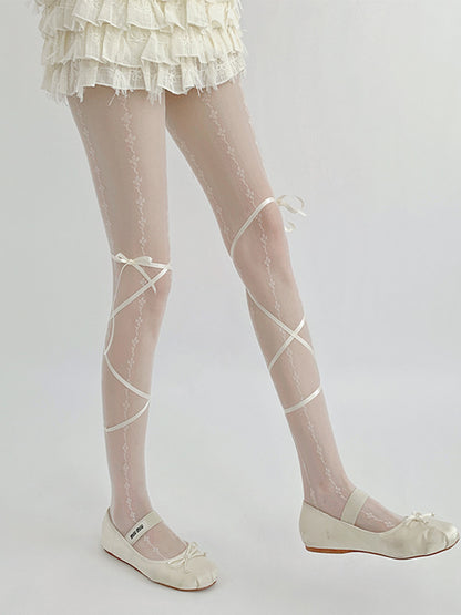 White/Black Design Bow Print Creamy Tights with Straps