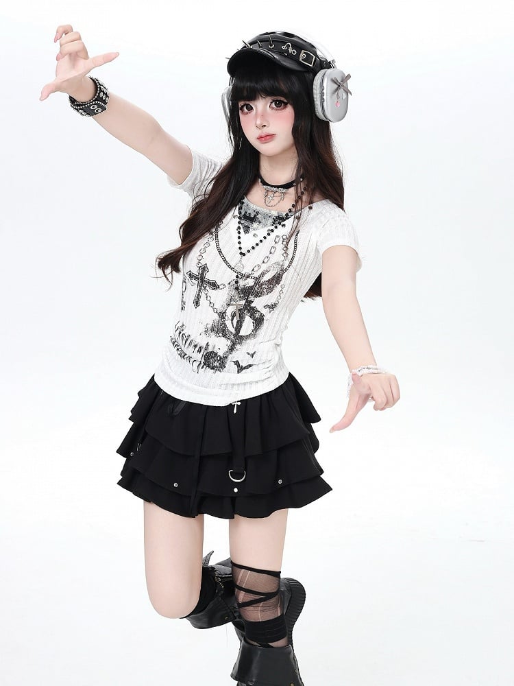 White Halter Short Sleeve Knit Top with Dark Print - CRAZY GIRL