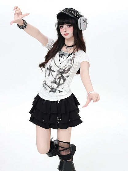 White Halter Short Sleeve Knit Top with Dark Print - CRAZY GIRL