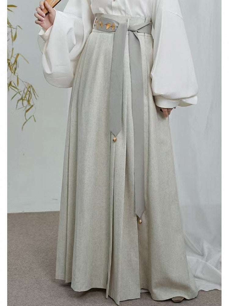 Elastic Chinese Skirt Off-white in Partial Style Pleated Waist