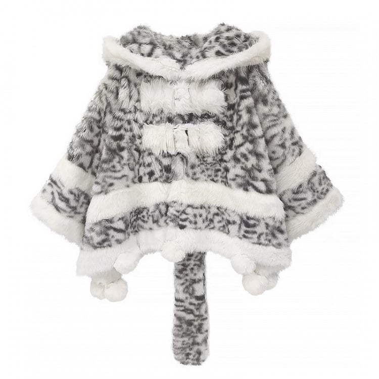 Cape Plush Print Pom-pom Bittersweet Accents Leopard Gray -