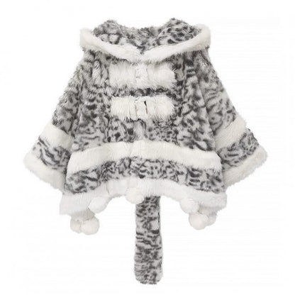 Cape Plush Print Pom-pom Bittersweet Accents Leopard Gray -