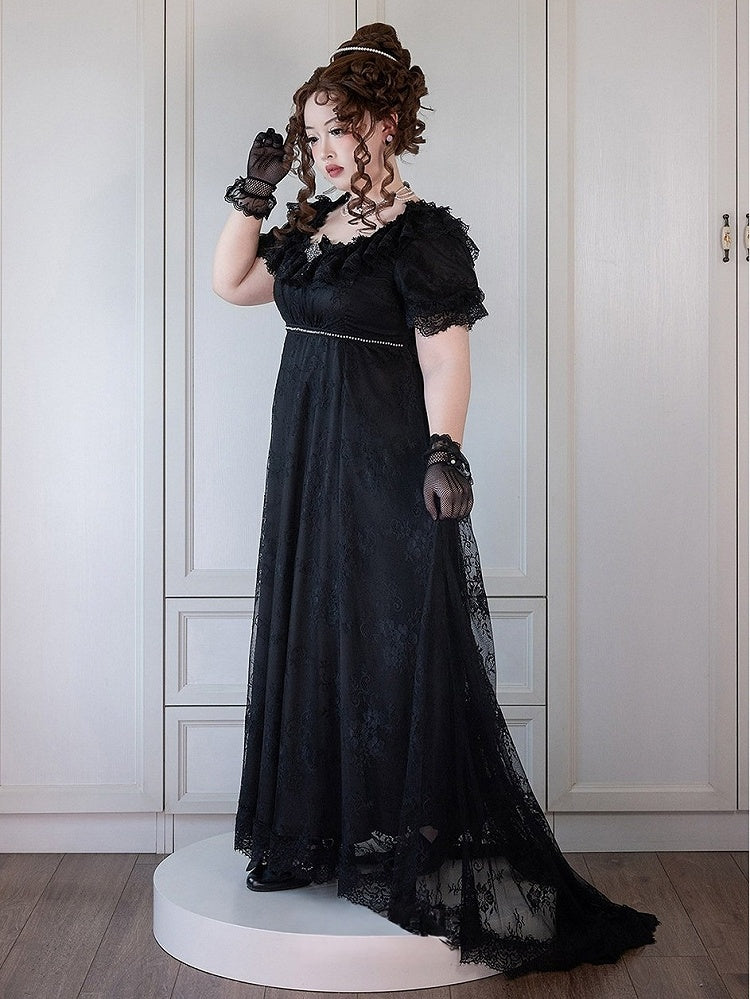 Black Square Neck Plus-Size OP Dress with Lace Accents - He Zi Has a Cat