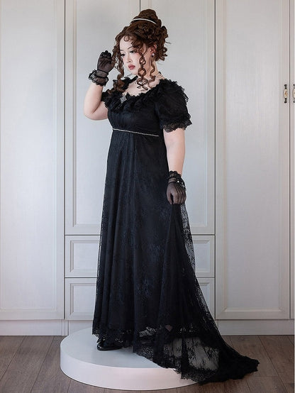 Black Square Neck Plus-Size OP Dress with Lace Accents - He Zi Has a Cat
