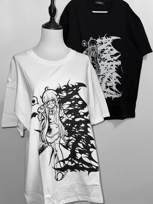 ネックジライケイガールTシャツプリントホワイト/ブラックカートゥーンラウンド