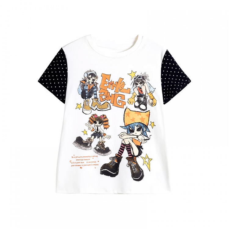 ブラック＆デザイン Y2K 漫画プリント Tシャツ カラーブロック ホワイト