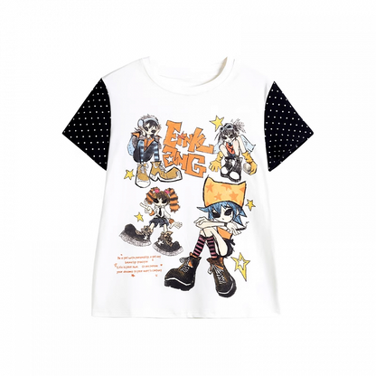 ブラック＆デザイン Y2K 漫画プリント Tシャツ カラーブロック ホワイト