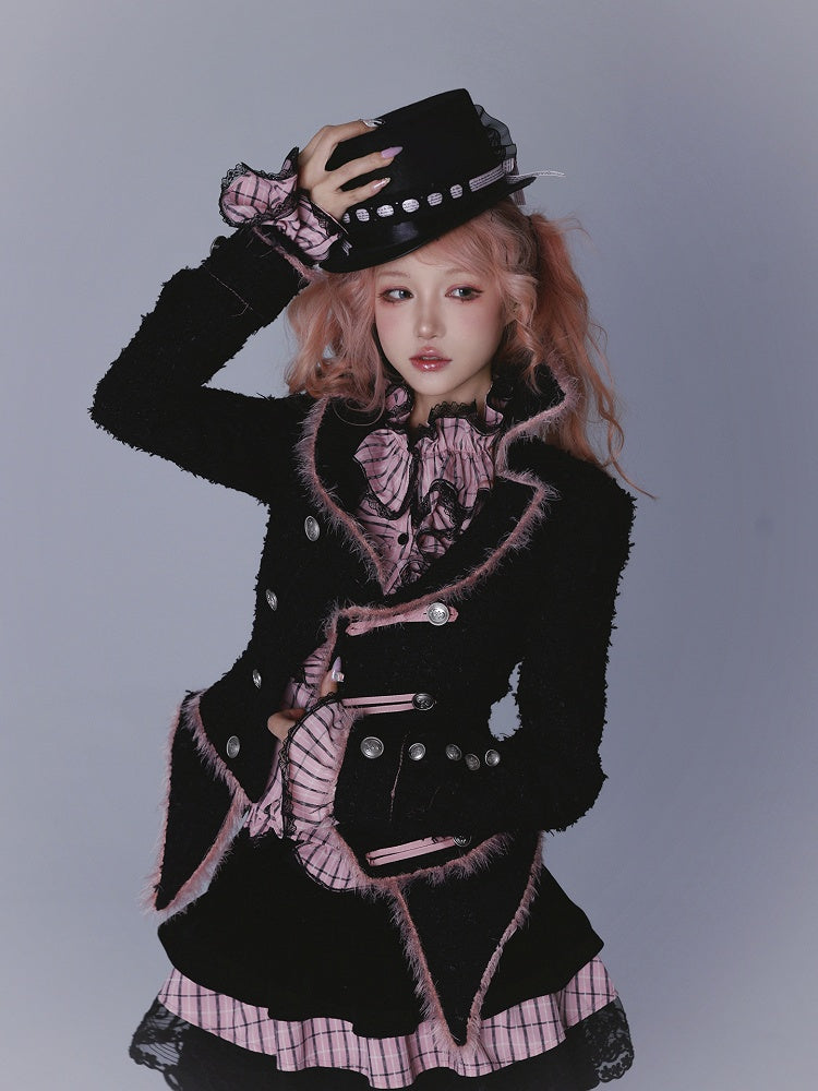 Pink Plaid Hime Gyaru Ruffled Collar Blouse with Embroidered Bow Tie