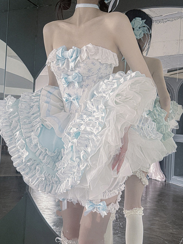 Cropped Details Bodice Floral Strapless Top + Tiered Skirt + Ful Blue Bowknot on Set Top
