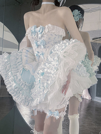Cropped Details Bodice Floral Strapless Top + Tiered Skirt + Ful Blue Bowknot on Set Top