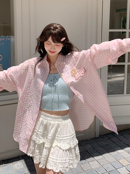 Pink Loose Plaid Shirt Adorable Bear Embroidery