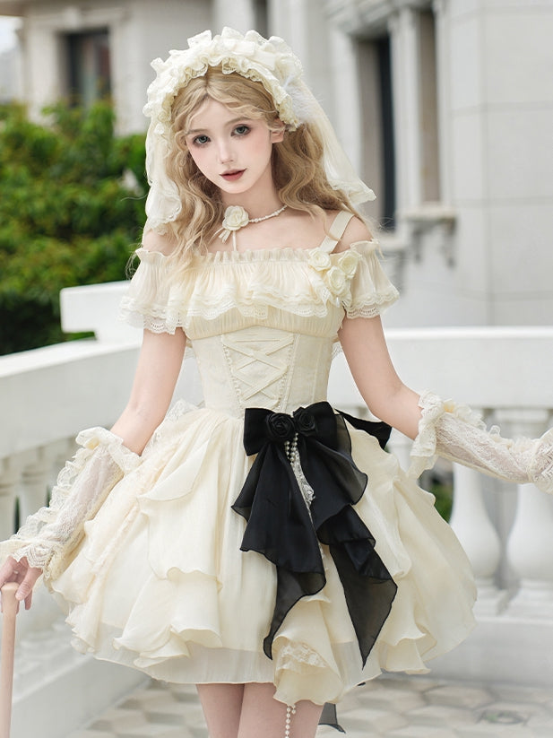 Decorated Bead Chain Bow Black and Rose Brooch