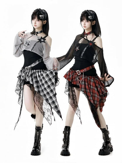 Rock Red/Black  White Plaid Mesh Strapless Dress Patches Handkerchief Hem Punk