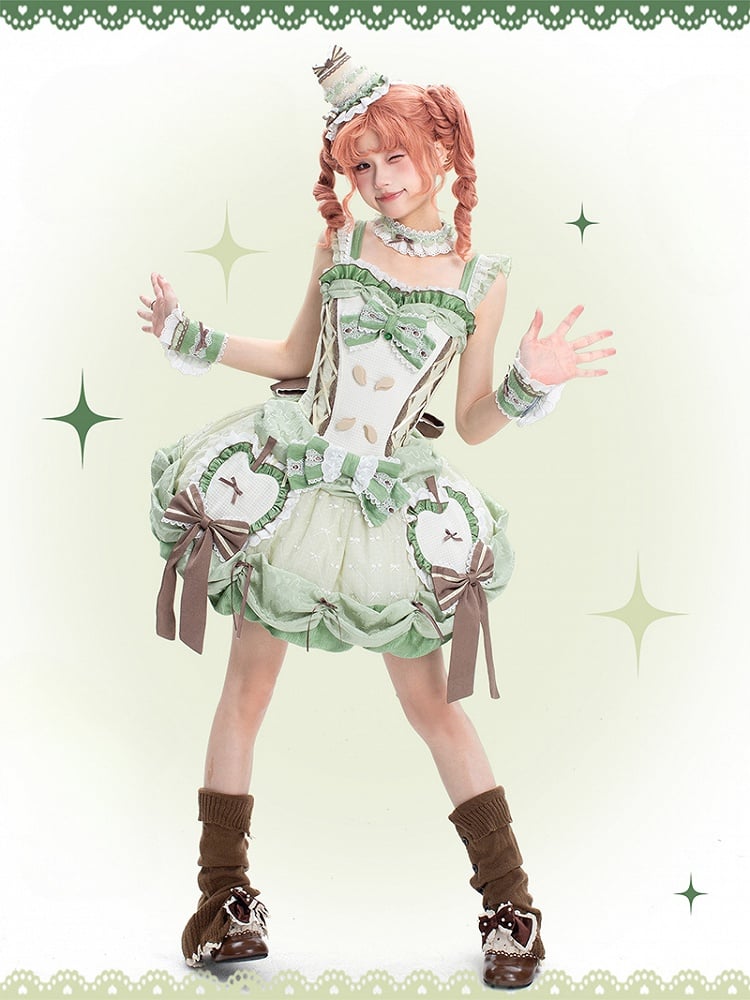 Stäbchenrock, Pullover, Bubble-Mieder, Korsett, Lolita-Applikation, Apfel, süßes Grün