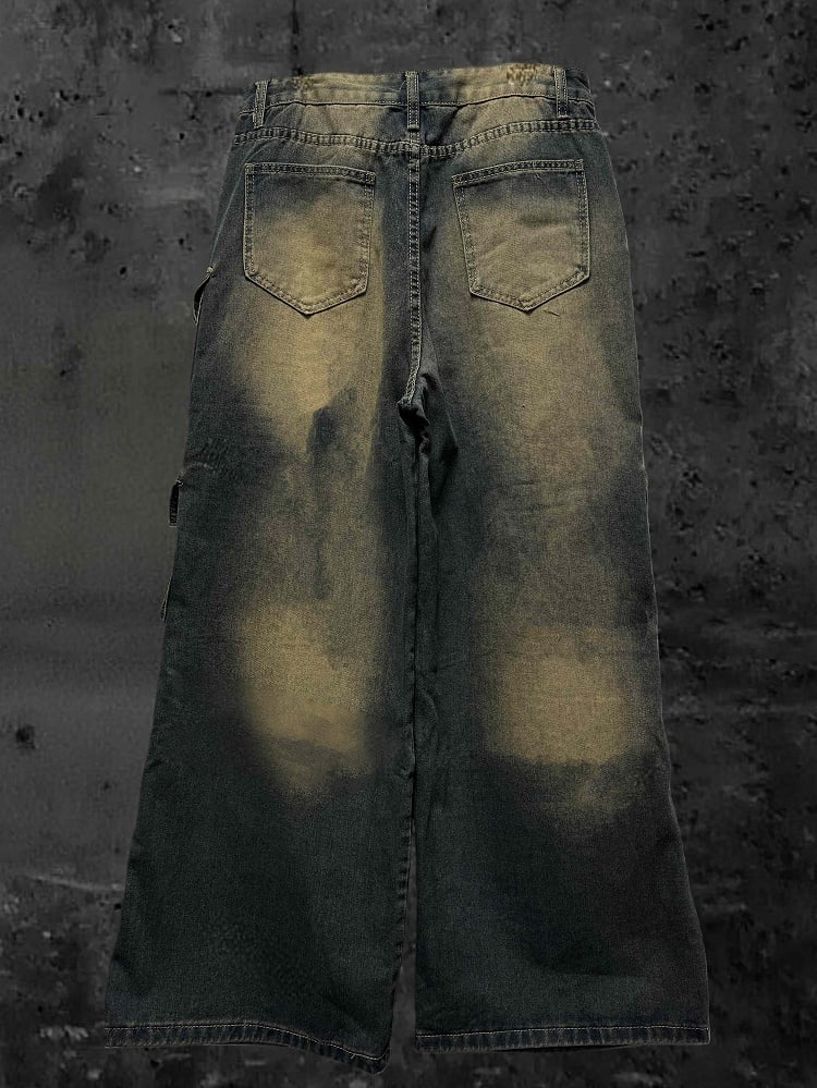 Wide-Leg Blue Faded Jeans Wash with Punk Cargo Wasteland