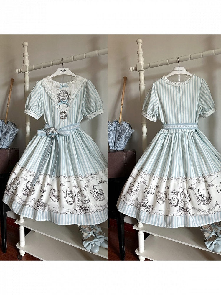 Classic Lolita Antique Porcelain Print and Embroidery OP Dress in Blue and Gray with Striped Pattern - Birds Diary