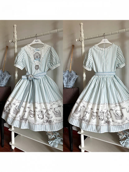 Classic Lolita Antique Porcelain Print and Embroidery OP Dress in Blue and Gray with Striped Pattern - Birds Diary