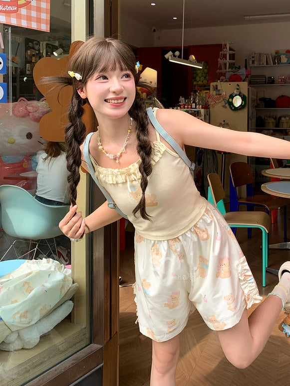 愛らしいクマ柄キャミソールトップス ネックライン ライトイエロー フリル