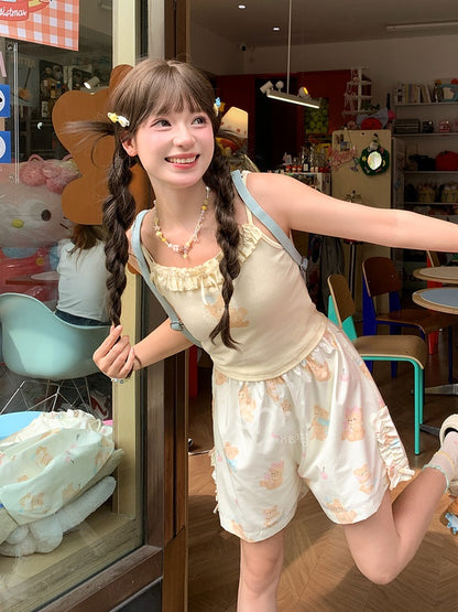 愛らしいクマ柄キャミソールトップス ネックライン ライトイエロー フリル