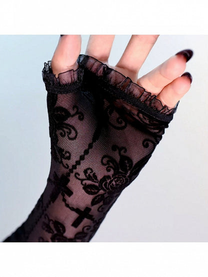 Gothic Cross & Floral Motif Arm Sleeves in Black Lolita Style - Mr. Cat