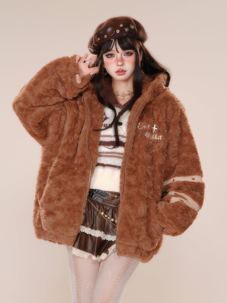 Brown Pink Bunny Ear Thick Zip Hooded Teddy Coat