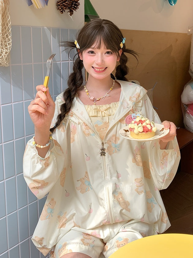 Jacke Hellgelb Niedlicher Bärendruck Sonnenschutz Mit Kapuze