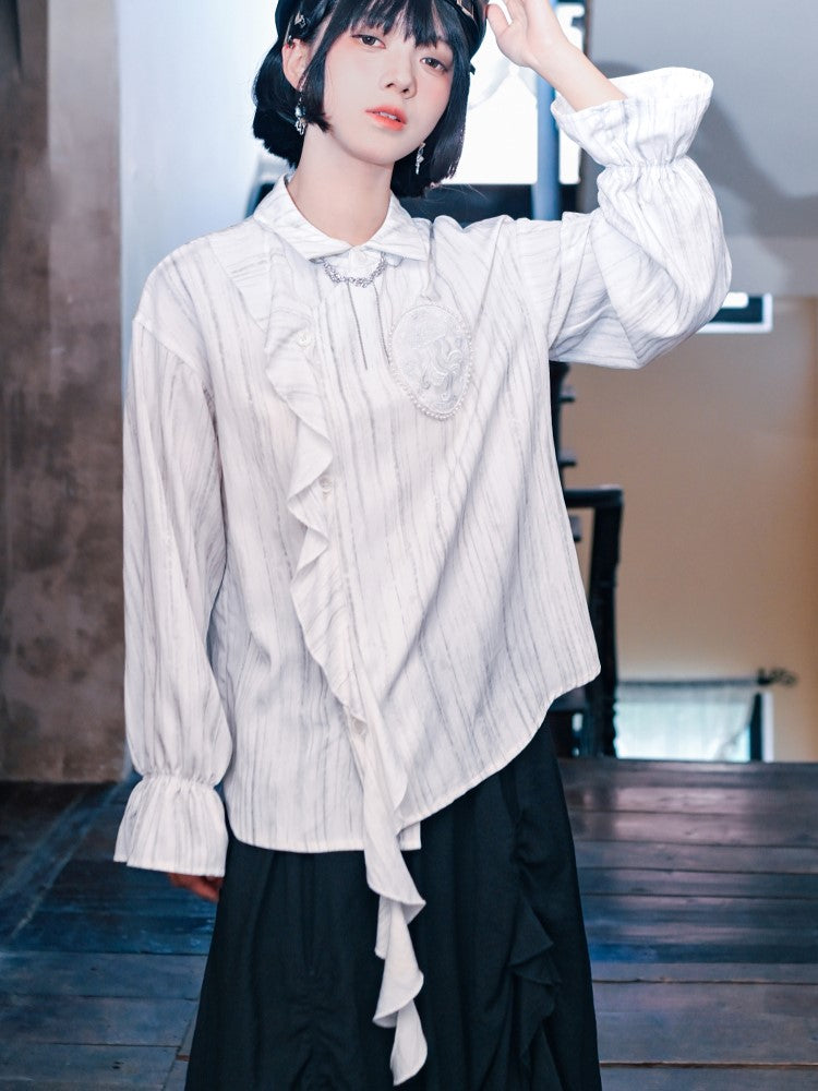 Gothic Shoulder Accents Ribbon White Asymmetrical with Jellyfish Cheongsam Blouse Embroidery