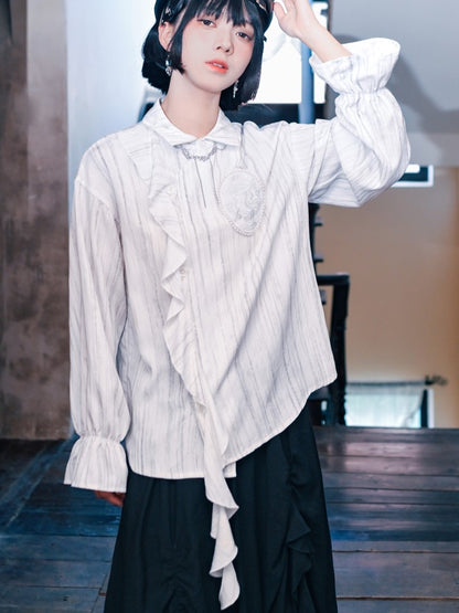 Gothic Shoulder Accents Ribbon White Asymmetrical with Jellyfish Cheongsam Blouse Embroidery