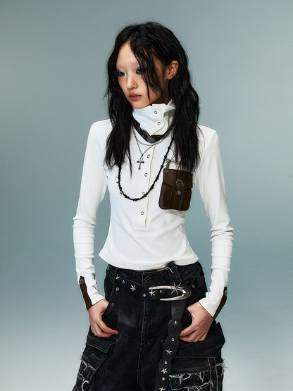 PU Pocket White Punk High-Neck Knit Top with Brown