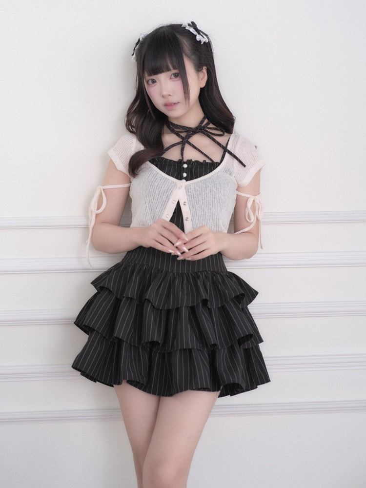 Jirai Kei Black Striped Tiered Ruffle Camisole Dress White Cropped Top Set - No Genki