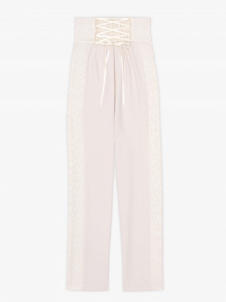 Ivory High-Waisted Pants with Jacquard Fabric Panels - DevilInspired Exclusive Collection