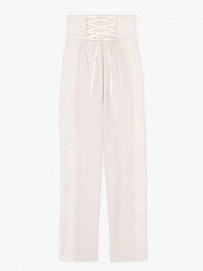 Ivory High-Waisted Pants with Jacquard Fabric Panels - DevilInspired Exclusive Collection