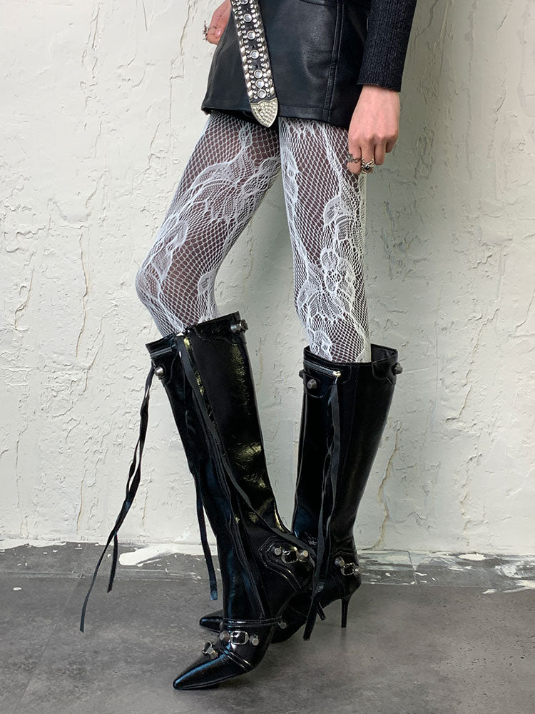 ホワイト Y2K フラワーカットアウトデザインタイツ