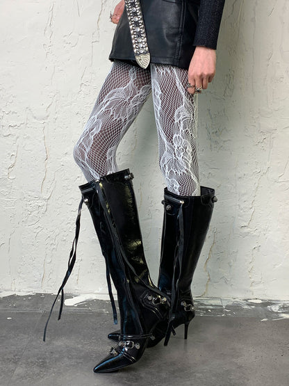 ホワイト Y2K フラワーカットアウトデザインタイツ