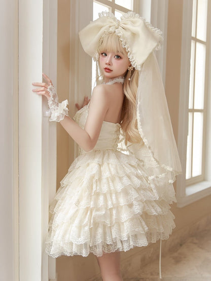 Cremiges Lolita-Kleid mit Jakobsmuschel-Rockbesatz, bestickt, Prinzessinnenkleid, gestuft